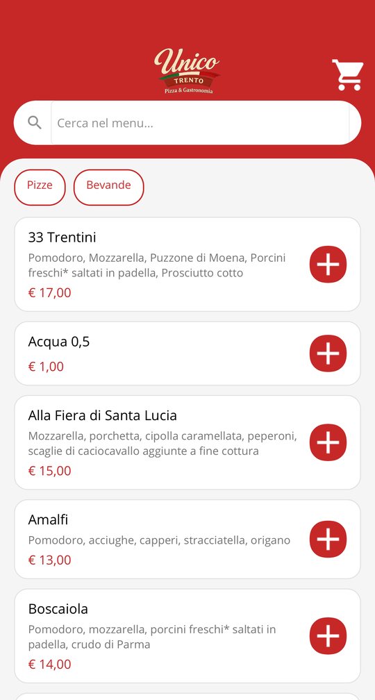 Schermata Menu dell'app con la ricerca, i filtri Pizze e Bevande e l'elenco delle pizze