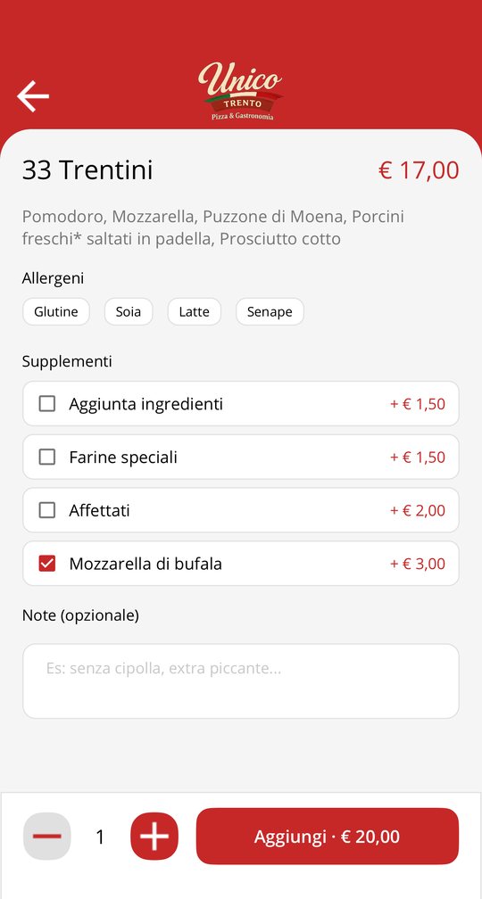 Dettaglio di una pizza con allergeni, supplementi, nota e pulsante Aggiungi