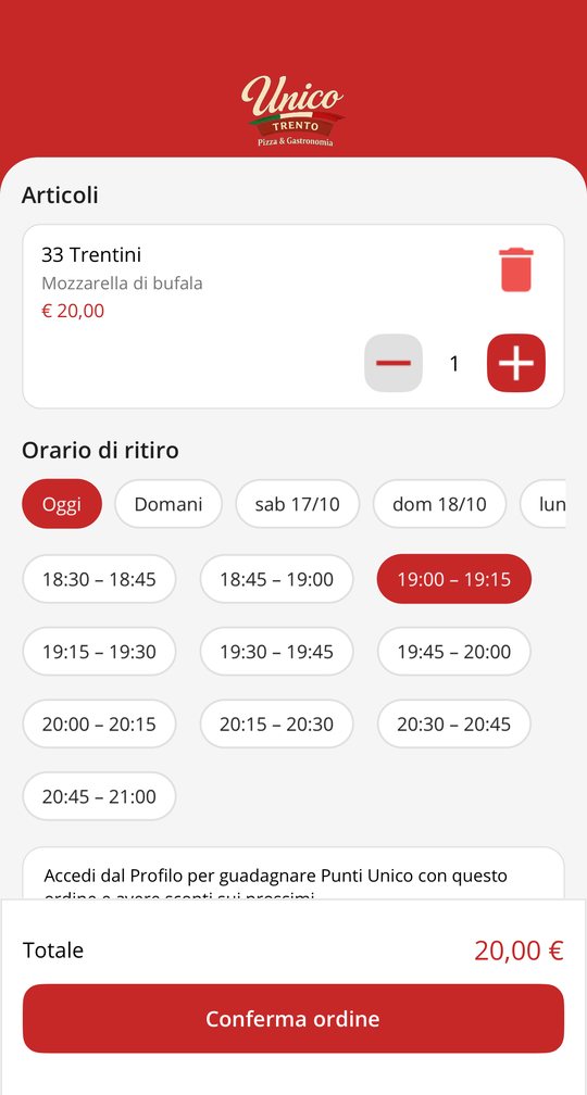 Carrello con l'elenco dei prodotti, la scelta del giorno e delle fasce orarie di ritiro e il pulsante Conferma ordine