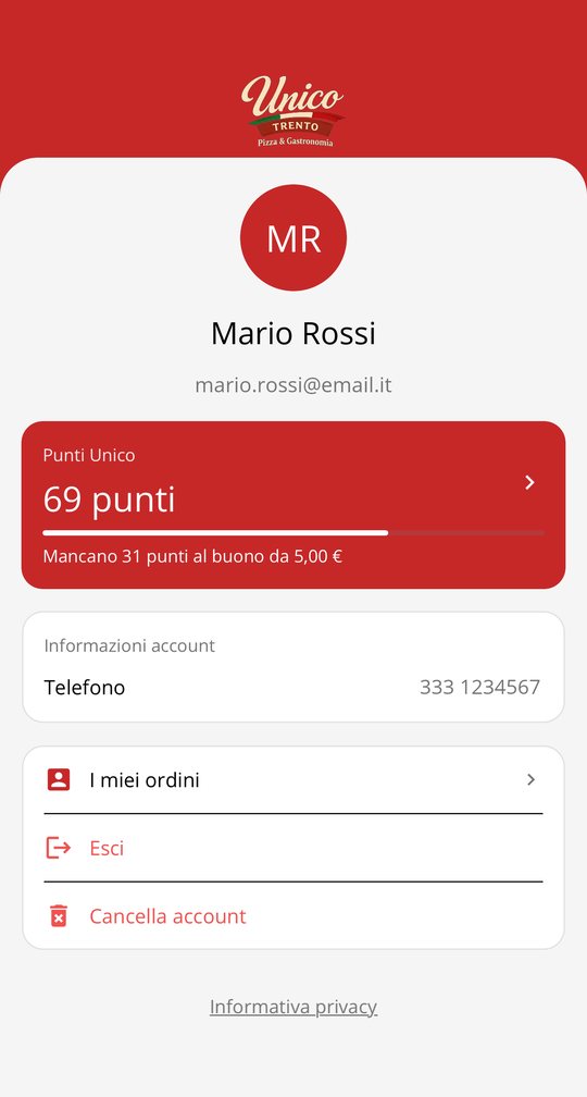 Profilo del cliente con il saldo dei Punti Unico e le voci I miei ordini, Esci e Cancella account